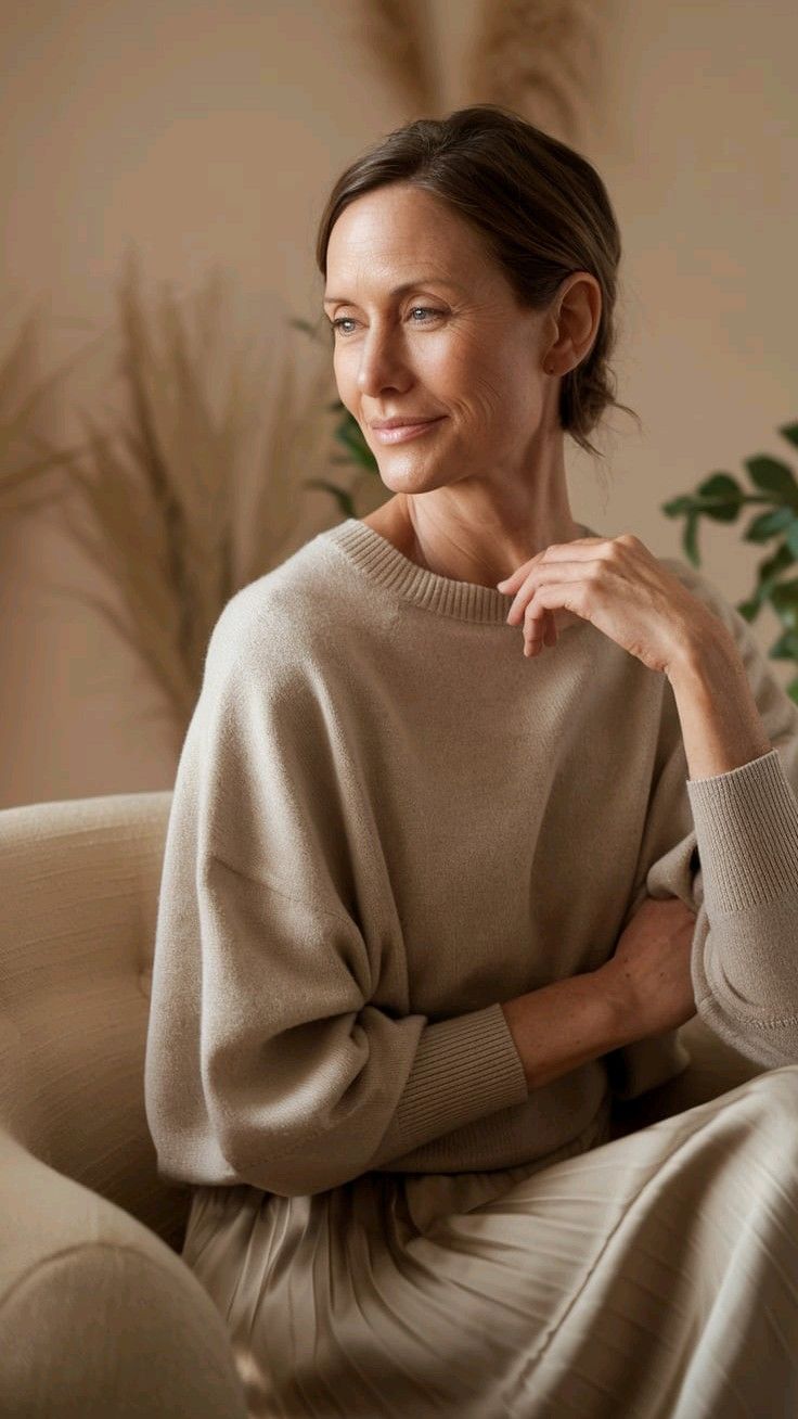 Mulher tranquila refletindo sobre os sintomas da menopausa